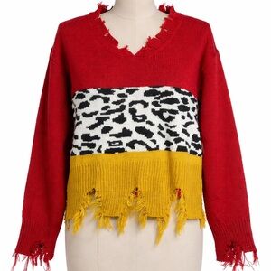 Red Distressed Colorblock Sweater Leopard Print Yellow Fringe Size L